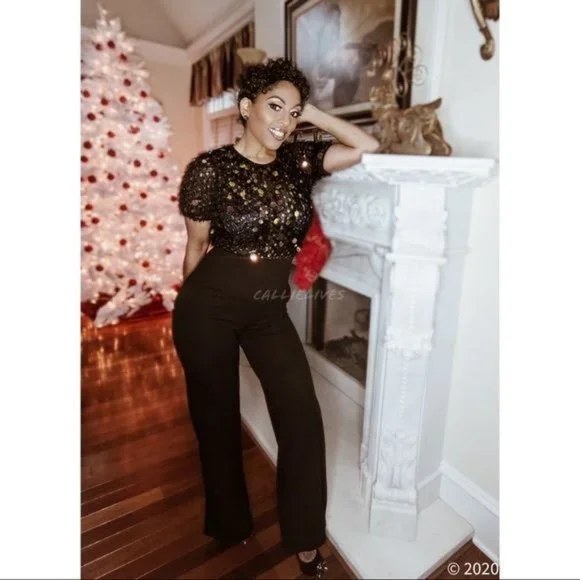 Callie Coin: Feathered Sequin Furry Knit Jumpsuit S M L - Picture 12 of 17